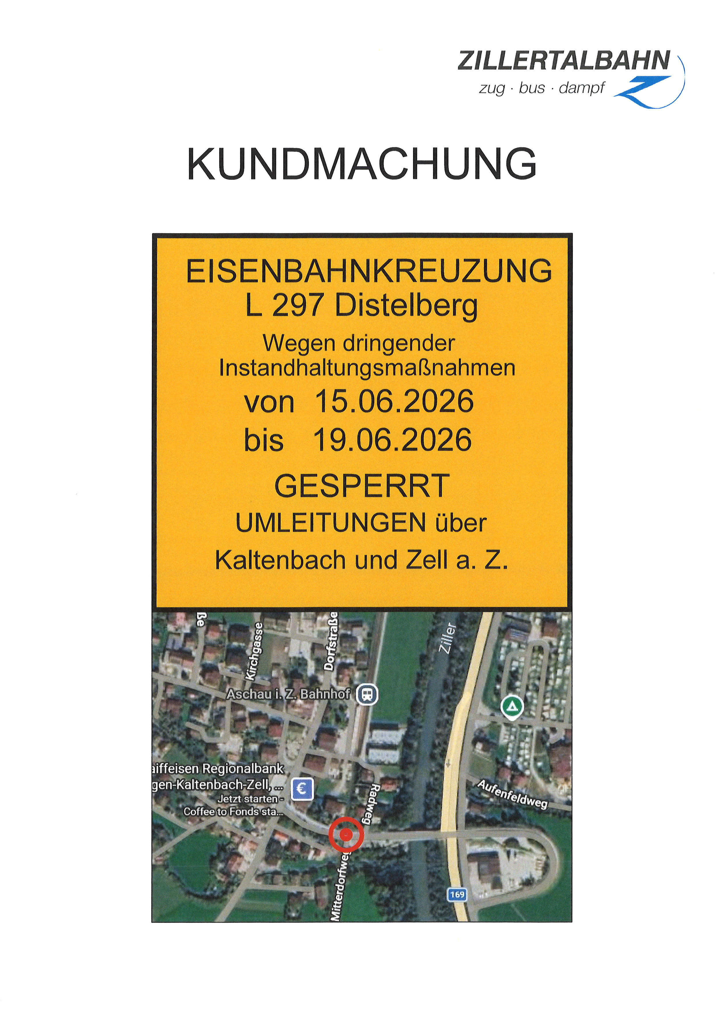 Kundmachung Sperre Eisenbahnkreuzung L 297 Distelberg