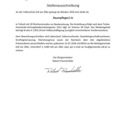 Stellenausschreibung Raumpflegerin VS